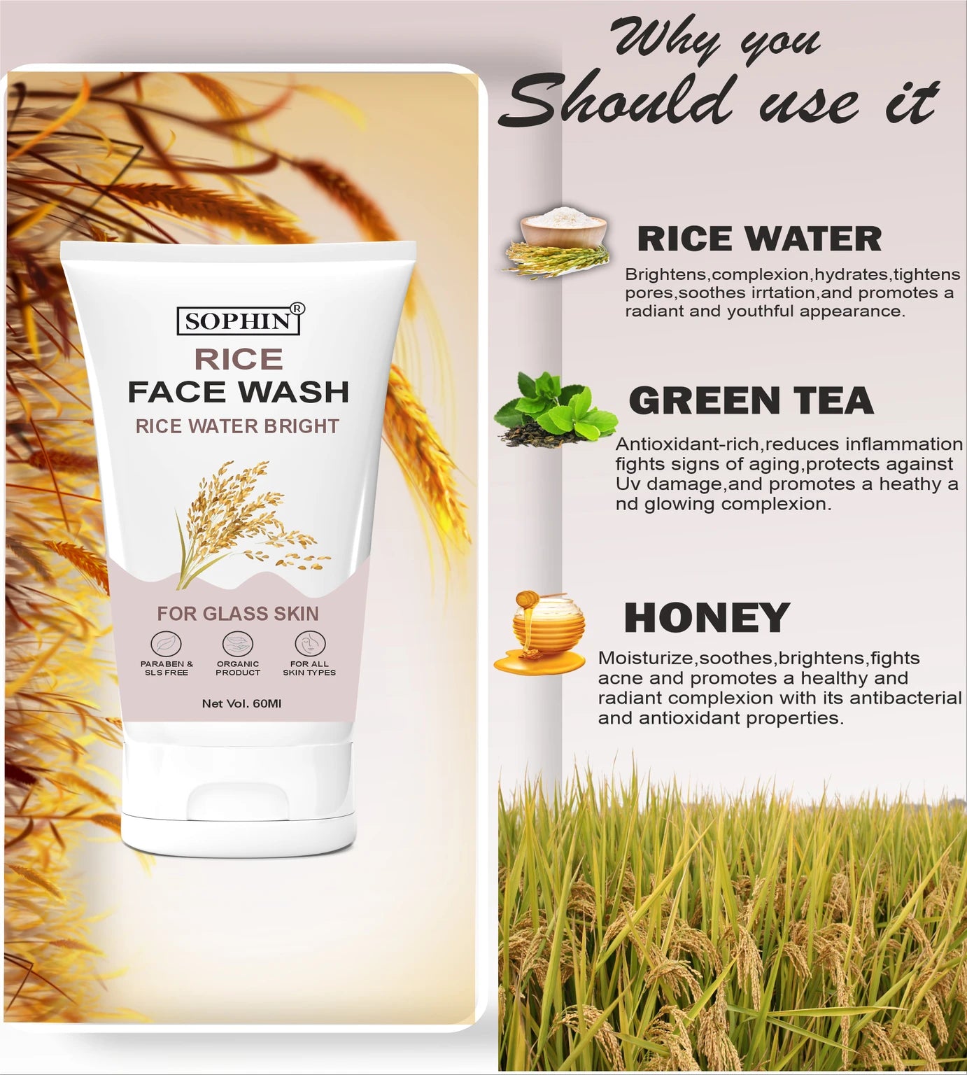 Sophin Rice Skin Whitening Cream & Facewash - M